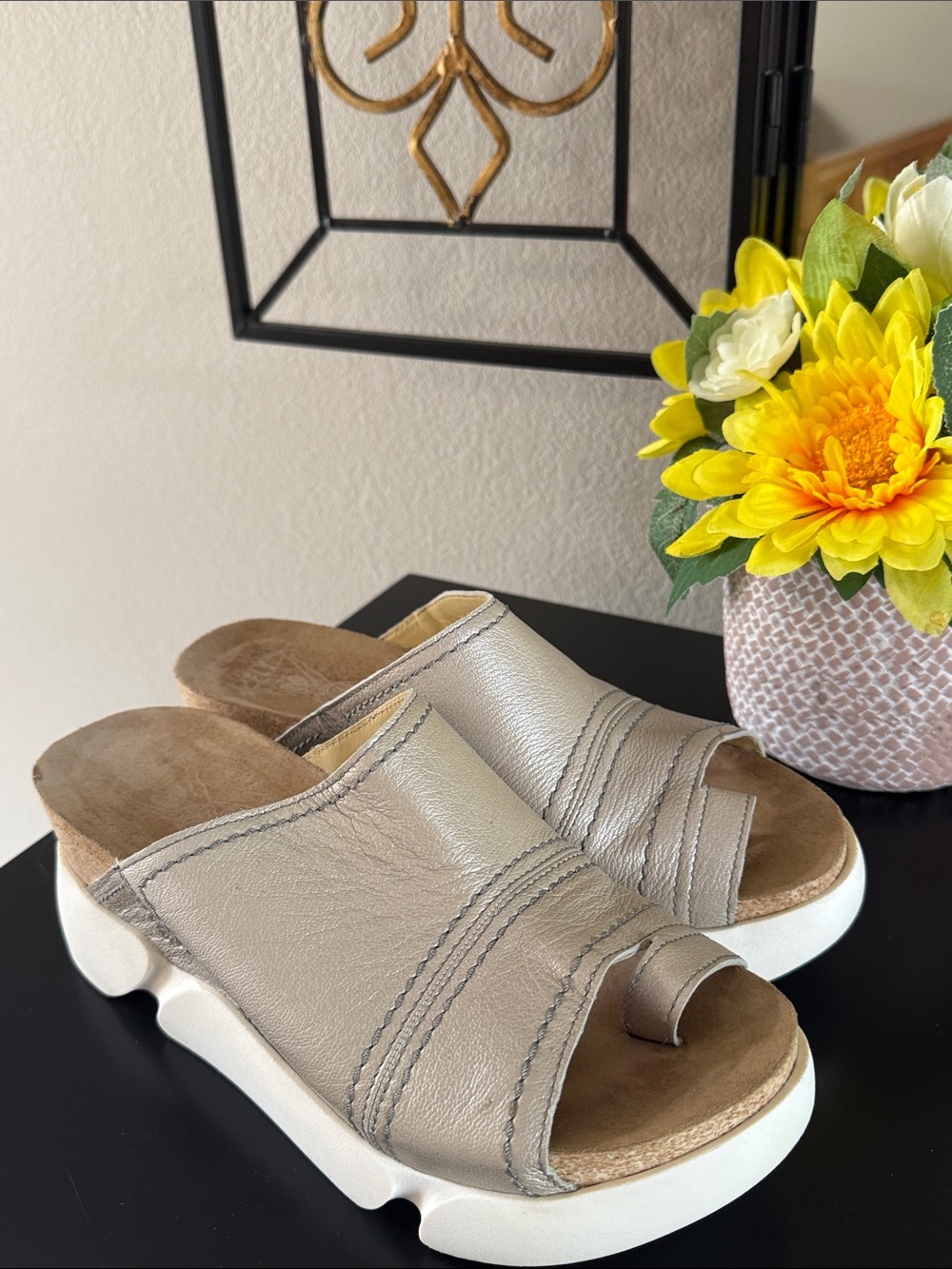 Fly London Metallic Taupe Slide Mules with White Sole - Picture 3 of 14